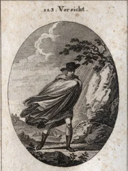 Allegoria della provvidenza. Espressione: Quando il tempo è bello, prendi il cappotto, quando piove, prendilo, se vuoi. Incisione in “Iconologie oder Ideen aus dem Gebiete der Leidenschaften und Allegorien bildich dargestellt fur Zeichner, Mahler, Dichter,