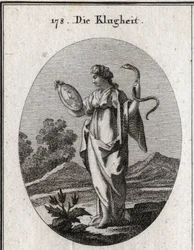 Allegoria della prudenza, i suoi attributi ordinari sono lo specchio e il serpente. Ha due volti, uno giovane per l