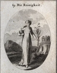 Allegoria della purezza. I suoi attributi sono la colomba e il giglio, simboli di candore. Incisione in "Iconologie oder Ideen aus dem Gebiete der Leidenschaften und Allegorien bildich dargestellt fur Zeichner, Mahler, Dichter, Gelehrte, Erzieher und freun