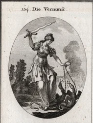 Allegoria della ragione, tiene una spada fiammeggiante con cui minaccia i vizi rappresentati da serpenti che tiene incatenati. Incisione in “Iconologie oder Ideen aus dem Gebiete der Leidenschaften und Allegorien bildich dargestellt fur Zeichner, Mahler, D