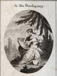 Allegoria della riflessione. Un raggio di luce parte dal suo cuore, colpisce lo specchio sulle sue ginocchia e riflette la luce sulla sua fronte. Incisione in "Iconologie oder Ideen aus dem Gebiete der Leidenschaften und Allegorien bildich dargestellt"