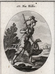 Allegoria del soccorso rappresentata in armatura con una spada. Porta una borsa e un cesto pieno di cibo per simboleggiare il soccorso nelle calamità e nella carestia. Cammina velocemente. Incisione in "Iconologie oder Ideen aus dem Gebiete der Leidenschaf