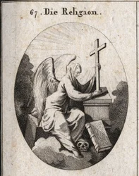Allegoria della religione. Un velo bianco copre la sua testa per indicare che i misteri sono impenetrabili. Siede su una pietra angolare e tiene una croce radiante su un altare ai piedi del quale si trova il libro dei 4 Vangeli. Il suo piede sulla testa de