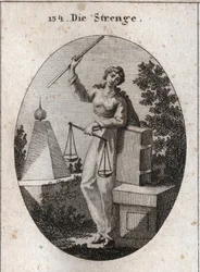 Allegoria della rigore rappresentata sotto un aspetto di ferocia tenendo con la mano destra una verga di ferro alta e appoggiandosi con la sinistra sul libro delle leggi. Ha nella stessa mano una bilancia, una delle quali prevale sull