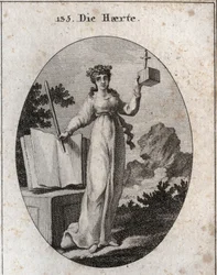 Allegoria della severità coronata con un ramo di quercia, attributo della forza. Si appoggia su un libro di leggi e tiene una verga di ferro. Il cubo in cui un pugnale rallenta i desideri segna la sua vicinanza e la sua inflessibilità. Incisione in "Iconol