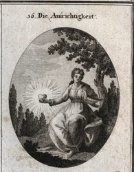 Allegoria della sincerità che tiene una colomba contro il petto e presenta un cuore radiante. Incisione in "Iconologie oder Ideen aus dem Gebiete der Leidenschaften und Allegorien bildich dargestellt"