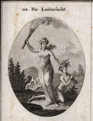 Allegoria della calunnia che tiene una torcia accesa e trascina senza pietà un adolescente nudo che giunge le mani e guarda il cielo. Incisione in "Iconologie oder Ideen aus dem Gebiete der Leidenschaften und Allegorien bildich dargestellt fur Zeichner, Ma