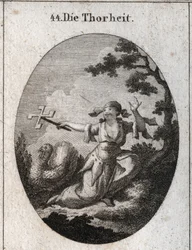 Allegoria della stupidità personificata da una donna ridicola che tiene una bobina di carte che gira nel vento e ride. Incisione in “Iconologie oder Ideen aus dem Gebiete der Leidenschaften und Allegorien bildich dargestellt fur Zeichner, Mahler, Dichter, 