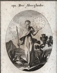 Allegoria della superstizione. Tiene una candela accesa e un cerchio di stelle.