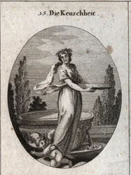 Allegoria della castità con una corona di cannella, simbolo della castità tra gli egiziani, e uno schermo pieno d
