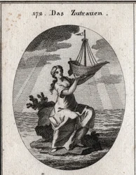 Allegoria della fiducia rappresentata da una donna seduta su un luogo in mezzo al mare e che tiene in mano una nave che ha sollevato. Incisione in “Iconologie oder Ideen aus dem Gebiete der Leidenschaften und Allegorien bildich dargestellt fur Zeichner, Ma