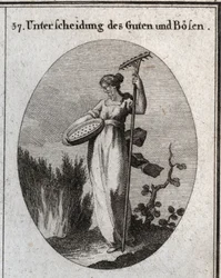 Allegoria della distinzione tra bene e male. Il setaccio separa il buon grano dalla pula e il rastrello viene utilizzato per rimuovere le erbacce. Incisione in "Iconologie oder Ideen aus dem Gebiete der Leidenschaften und Allegorien bildich dargestellt fur