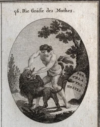 Allegoria della grandezza del coraggio rappresentata da un uomo robusto che apre la bocca di un leone per strappargli la lingua. Il suo attributo è uno scudo su cui è scritto "Per tela, per hostes" (Per armi, attraverso il nemico). Incisione in "Iconologie