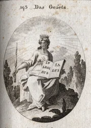 Allegoria della legge. Il suo radioso diadema indica la sua origine divina. Lo scettro ne denota l