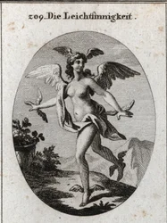 Allegoria della luce. Ha ali sulla testa, spalle, piedi e mani. Incisione in "Iconologie oder Ideen aus dem Gebiete der Leidenschaften und Allegorien bildich dargestellt fur Zeichner, Mahler, Dichter, Gelehrte, Erzieher und freunde Hoherer Geschmacksbildun
