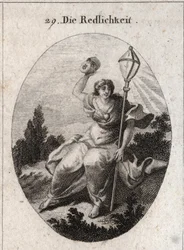 Allegoria della lealtà (o sincerità) che getta una maschera, attributo della finzione e della menzogna. Il suo emblema è una lanterna di cristallo, simbolo della luce. Un cuore è disegnato sul suo petto. Incisione in 