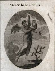 Allegoria del genio opposto rappresentato da un cattivo genio con ali di pipistrello e che tiene un gufo, uccello di cattivo auspicio. Incisione in 