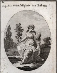Allegoria della prosperità della vita. Riccamente vestita e coronata di uva e attributi di ricchezza e abbondanza. Il ramo di quercia pieno di foglie e frutti significa salute ma anche solidità e incorruttibilità. Incisione in “Iconologie oder Ideen aus de