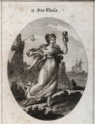 Allegoria della diligenza rappresentata che cammina veloce. I suoi attributi sono la clessidra e lo sperone, simbolo di attività e precisione. Incisione in "Iconologie oder Ideen aus dem Gebiete der Leidenschaften und Allegorien bildich dargestellt fur"