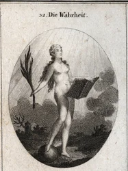 Allegoria della verità rappresentata nuda senza artifici e con aspetto naturale guarda la luce del sole. La palma simboleggia il trionfo della frode e il libro rappresenta lo studio. Incisione in “Iconologie oder Ideen aus dem Gebiete der Leidenschaften un