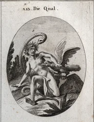 Allegoria del tormento. La sua testa circondata da spine significa tormenti della mente. Il serpente dice che la paura del pericolo lo rende più formidabile. Un avvoltoio le mangia il cuore. Incisione in "Iconologie oder Ideen aus dem Gebiete der Leidensch