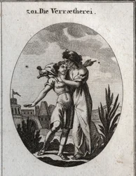 Allegoria del tradimento. Una terribile vecchia accarezza un bel giovane e allo stesso tempo si prepara a pugnalarlo. Incisione in “Iconologie oder Ideen aus dem Gebiete der Leidenschaften und Allegorien bildich dargestellt fur Zeichner, Mahler, Dichter, G