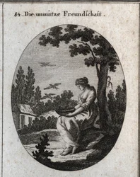 Allegoria delle amicizie inutili che tiene un nido permettendo alle rondini di volare via. Incisione in "Iconologie oder Ideen aus dem Gebiete der Leidenschaften und Allegorien bildich dargestellt fur Zeichner, Mahler, Dichter, Gelehrte, Erzieher und freun