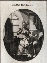 Allegoria della vanità. Desiderando piacere ed essere considerata, è rappresentata davanti al suo toilette lusingandosi davanti allo specchio con un cuore in mano. Incisione in "Iconologie oder Ideen aus dem Gebiete der Leidenschaften und Allegorien"