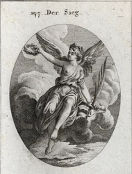 Allegoria della vittoria. Ha le ali e tiene una palma e una corona di alloro. Incisione in "Iconologie oder Ideen aus dem Gebiete der Leidenschaften und Allegorien bildich dargestellt fur Zeichner, Mahler, Dichter, Gelehrte, Erzieher und freunde Hoherer Ge
