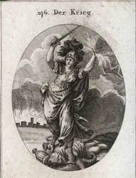 Allegoria della guerra. Tiene un fulmine e una spada nuda e calpesta vasi d