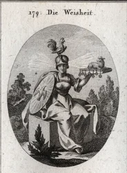 Allegoria della saggezza. I suoi abiti e le sue armi bianche definiscono la sua forza e purezza. Il gallo sul suo elmo è il simbolo della sua intelligenza e vigilanza. I raggi di luce che escono dalle sue tempie significano dignità e santità. Il libro ferm