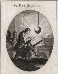 Allegoria della scrittura a una scrivania illuminata dalla luce. Il gallo è l