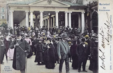 Cartolina raffigurante il re Edoardo VII (1841-1910) in visita alla spa di Marienbad, c.1905