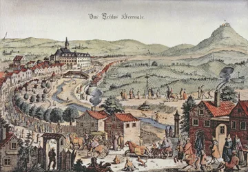 Veduta del nord di Vienna con il castello di Hernals e le colline di Kahlenberg sullo sfondo (incisione)