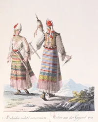 Donne in abiti tradizionali della regione di Mehadia, illustrazione da un libro Costumi di Ungheria di J.H. de Bikkesy, 1810