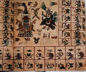 Rappresentazione di divinità azteche e caselle corrispondenti al calendario. Pagina del manoscritto azteco su corteccia «Codex Borbonicus», codice indigeno precolombiano del Messico centrale, fine del 15° secolo. Biblioteca dell