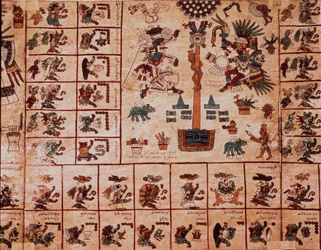 Rappresentazione di divinità azteche e caselle corrispondenti al calendario. Pagina del manoscritto azteco su corteccia Codice Borbonico, codice indigeno precolombiano del Messico centrale, fine XV secolo. Biblioteca dell