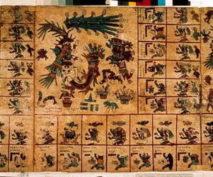Raffigurazione di divinità azteche e caselle corrispondenti al calendario. Pagina del manoscritto azteco su corteccia «Codex Borbonicus», codice indigeno precolombiano del Messico centrale, fine del XV secolo. Biblioteca dell