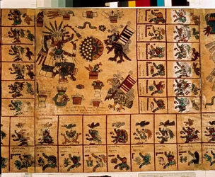 Rappresentazione di divinità azteche e riquadri corrispondenti al calendario. Pagina del manoscritto azteco su corteccia «Codex Borbonicus», codice indigeno precolombiano del Messico centrale, fine del XV secolo. Biblioteca dell