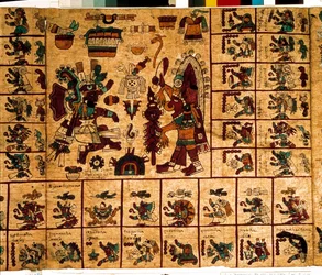 Rappresentazione di divinità azteche e riquadri corrispondenti al calendario. Pagina del manoscritto azteco su corteccia «Codex Borbonicus», codice indigeno precolombiano del Messico centrale, fine del XV secolo. Biblioteca dell