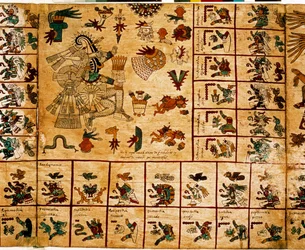 Raffigurazione di divinità azteche e di riquadri corrispondenti al calendario. Pagina del manoscritto azteco su corteccia «Codex Borbonicus», codice indigeno precolombiano del Messico centrale, fine del XV secolo. Biblioteca dell