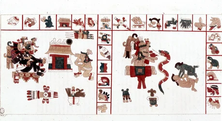 Il dio azteco Cihuacohuatl rappresentato in un manoscritto geroglifico, pittogrammi