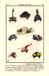 Disegni di cappelli da donna della modista Marcelle Demay. Modelli di Marcelle Demay. Incisione pochoir colorata a mano dopo un