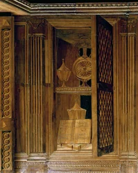 Pannellatura intarsiata raffigurante un armadio con una porta a grata, nello studio di Federico da Montefeltro, Duca di Urbino