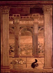 Lo studio di Federigo da Montefeltro, Duca di Urbino: pannelli intarsiati che raffigurano un ampio paesaggio visto attraverso gli archi di una terrazza porticata, progettato da Baccio Pontelli