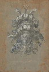 Progetto per un sontuoso copricapo con piume su un elmo vista frontale, ca. 1620-56