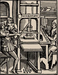 Prelum Ascensianum: dispositivo del tipografo con la pressa da stampa in funzione, 1508