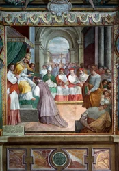 Celestino III consacra il primo vescovo di Viterbo nel 1192, dettaglio degli affreschi di Baldassare Croce