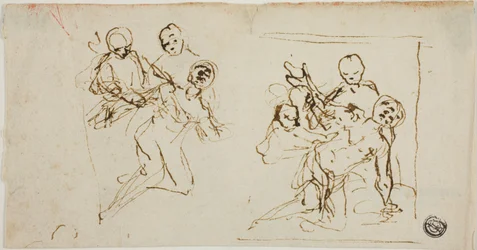 Due schizzi compositivi di figura che crolla sostenuta da altre due figure (recto); schizzo compositivo di figura inginocchiata accompagnata da altre due figure