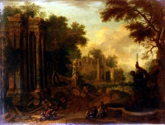 Paesaggio boscoso con viaggiatori che riposano vicino a rovine classiche